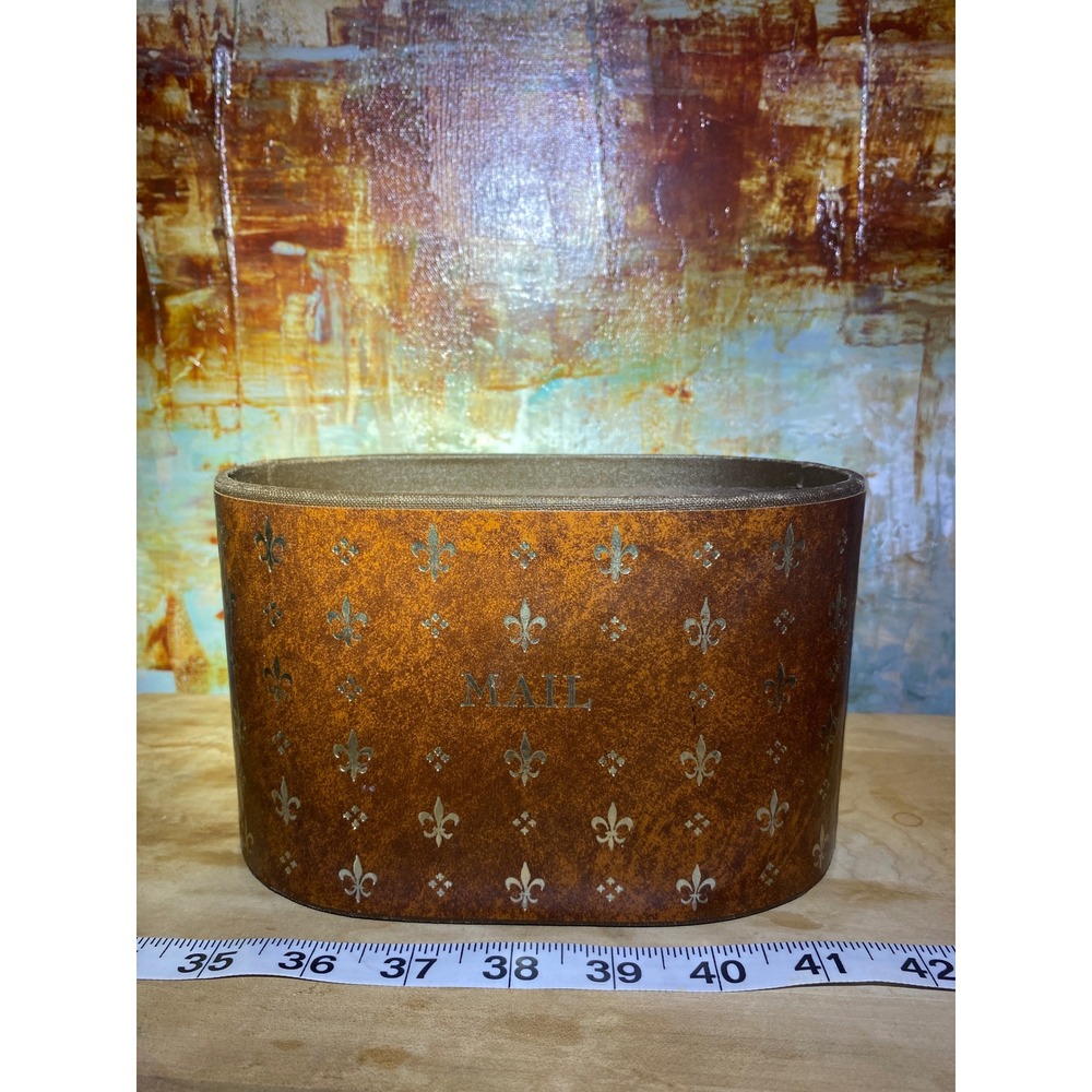 Vintage Style Fleur-de-lis Mail‎ Organizer Brown Faux Leather Oval Letter Bin